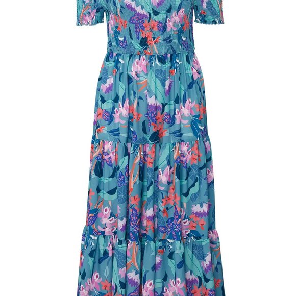 City Chic Aqua Blue Floral Maxi Dress with Smocked Bodice Plus Size 18 - Picture 3 of 15